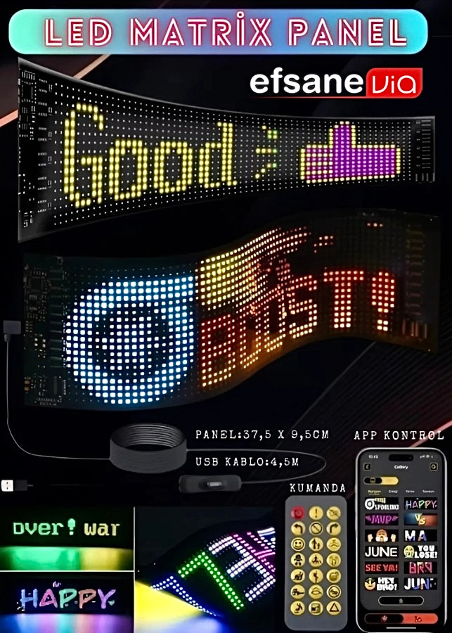 Matrix Esnek Kayar LED Panel 16x64 – Uzaktan Kumandalı Araç Camı Reklam ve Uyarı Ekranı
